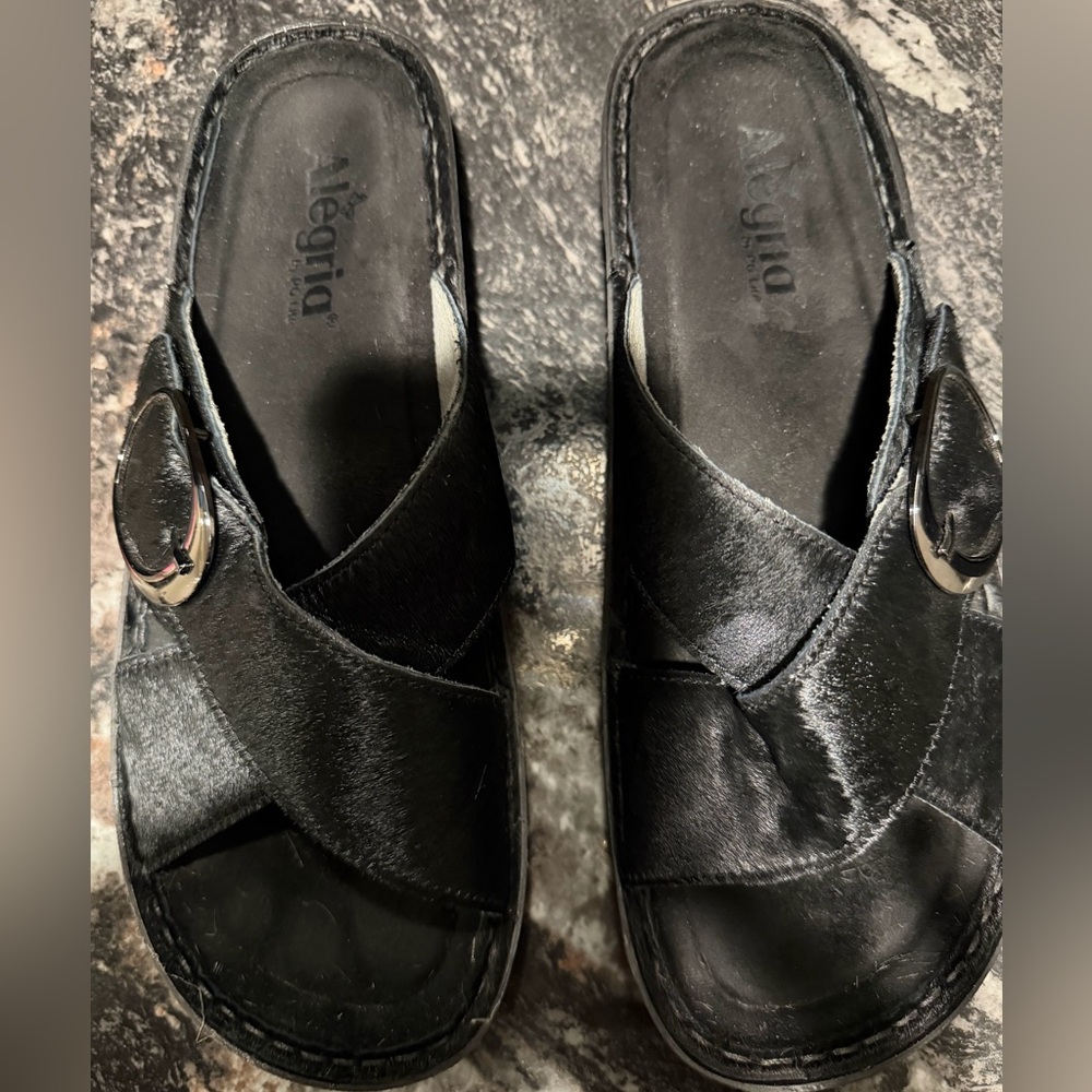 Alegria Women's Black Leather Mules with Buckle